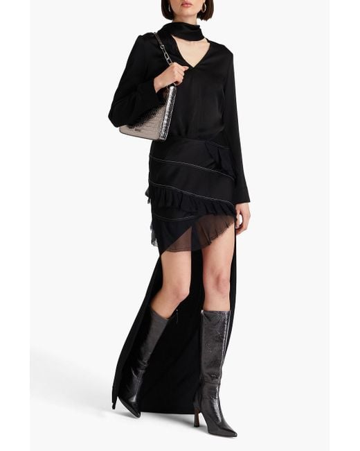Victoria Beckham Black Bluse aus glänzendem crêpe mit fransen