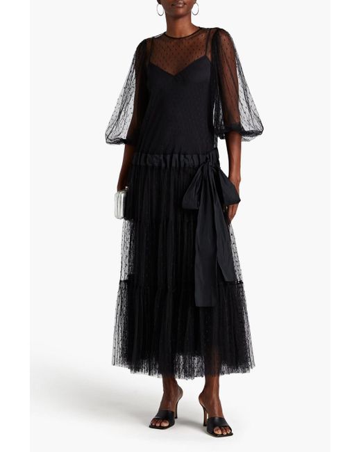 RED Valentino Black Bow-detailed Taffeta And Point D'esprit Maxi Dress