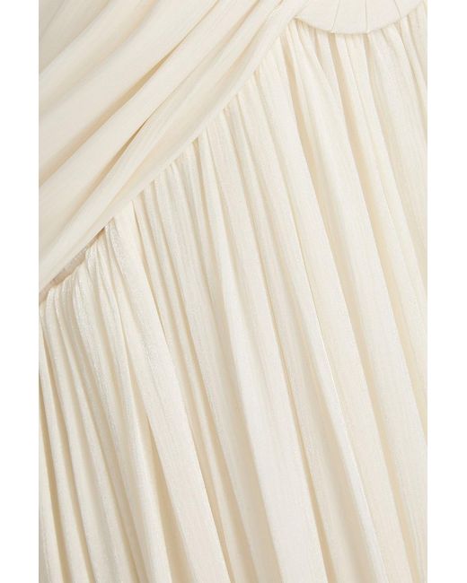 Costarellos White Cutout Pleated Metallic Georgette Gown