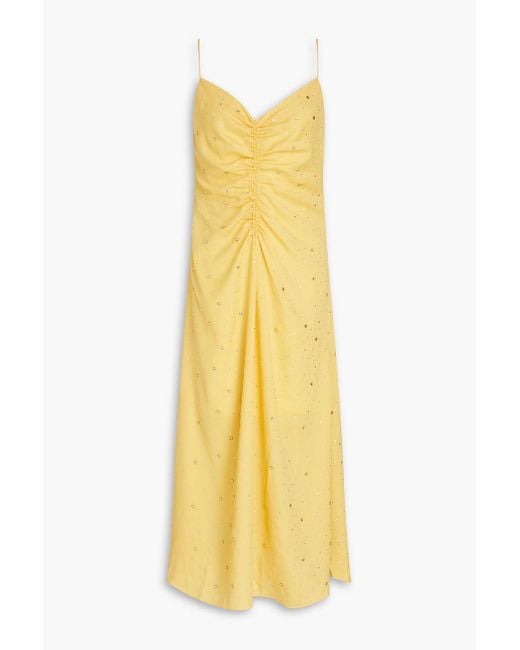 Sandro Yellow Crystal-embellished Ruched Crepe Midi Dress
