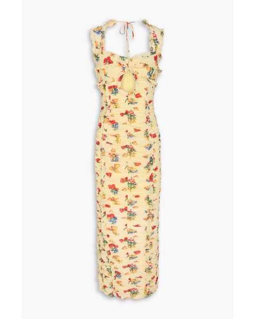 De La Vali Metallic Ruffled Floral-Print Georgette Midi Dress