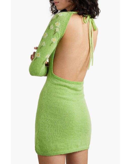 BERNADETTE Green Camilla Open-back Intarsia Mohair And Wool-blend Mini Dress