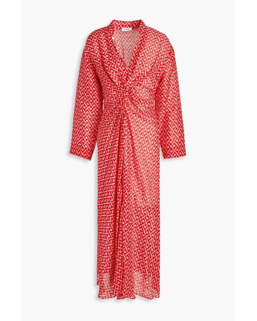 Sandro Red Elian Ruched Printed Linen And Silk-blend Midi Dress