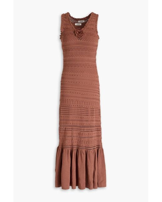 Sandro Brown Crystal-Embellished Pointelle And Crochet-Knit Midi Dress