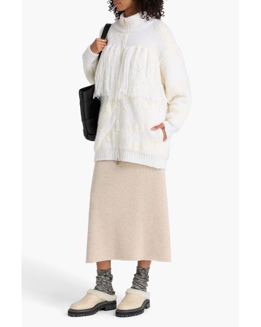 Bogner White Jena Fringed Intarsia Wool-Blend Zip-Up Cardigan