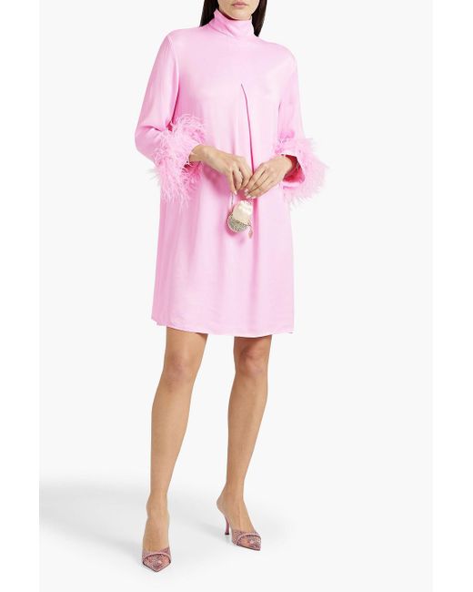 Sleeper Pink Party Feather-trimmed Crepe De Chine Mini Dress