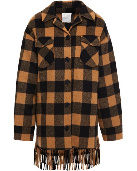 Sandro Black Fringed Checked Wool-blend Twill Jacket
