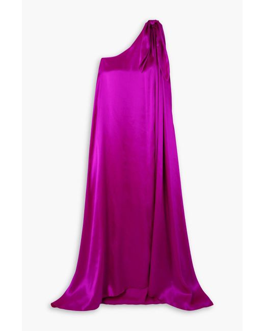 Halpern Purple One-shoulder Bow-detailed Silk-satin Gown