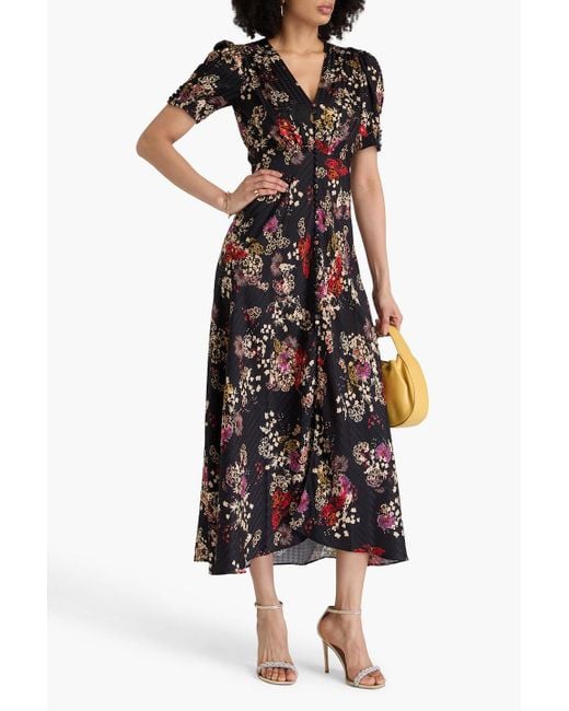Saloni Black Lea maxikleid aus glänzendem seiden-jacquard mit floralem print