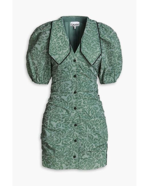 Ganni Green Ruched Cloqué-organza Mini Dress