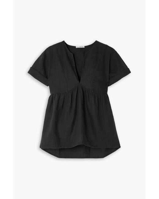 James Perse Black Gathered Linen Top
