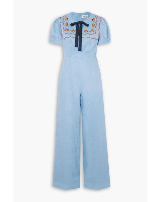 Saloni Blue Marlowe Bow-detailed Embellished Linen Jumpsuit