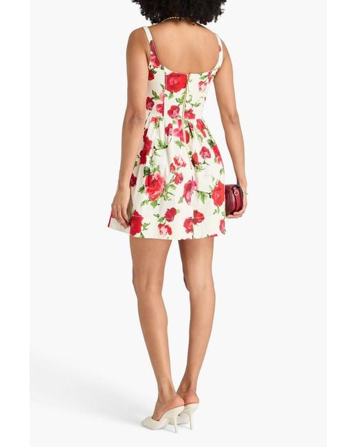Carolina Herrera Red Pleated Floral-Print Cotton-Blend Mini Dress