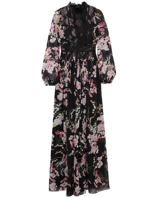 Giambattista Valli Woman Lace-trimmed Floral-print Silk-chiffon Maxi Dress Black