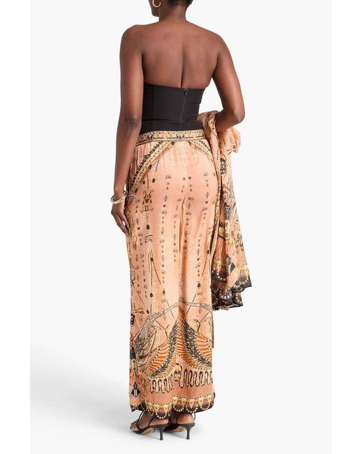 Camilla Natural Printed Embellished Silk-Satin Wide-Leg Pants