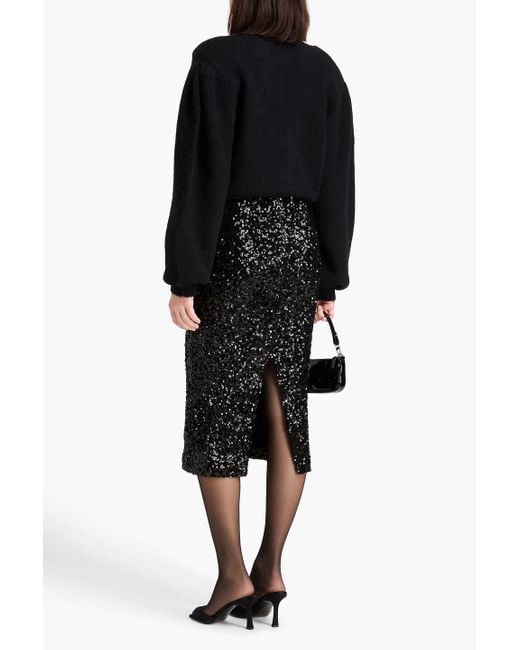 ROTATE BIRGER CHRISTENSEN Black Sequined Mesh Midi Pencil Skirt