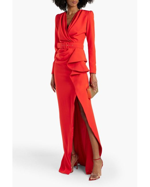 Rhea Costa Red Belted Draped Crepe Gown