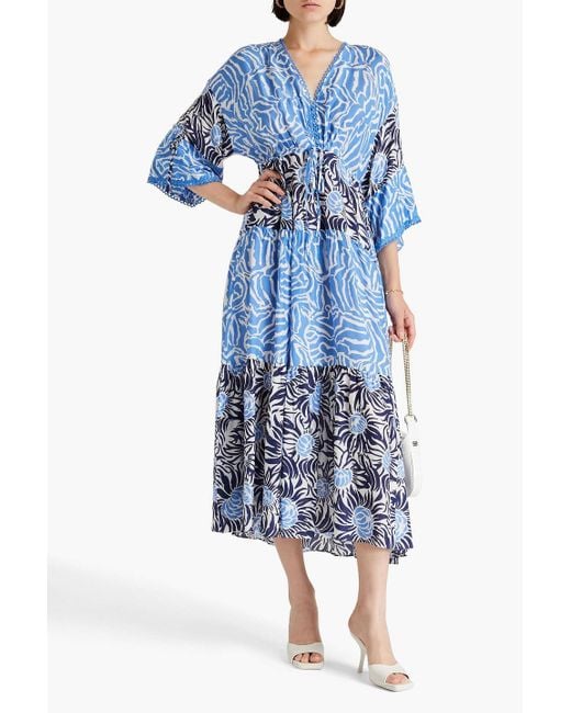 Diane von Furstenberg Blue Tiered Floral-print Sateen Midi Dress