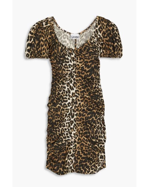 Ganni Multicolor Ruched Leopard-print Cotton Mini Dress