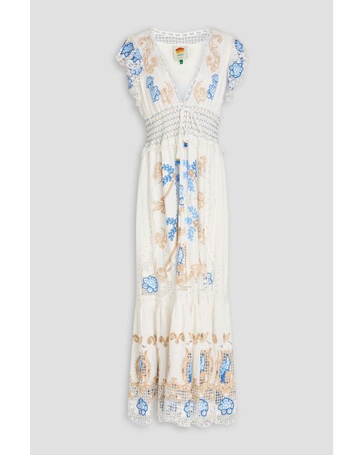 Farm Rio White Richelieu Embroidered Linen-blend Maxi Dress
