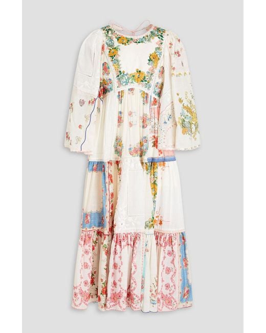 Zimmermann White Tiered Floral-print Cotton Midi Dress