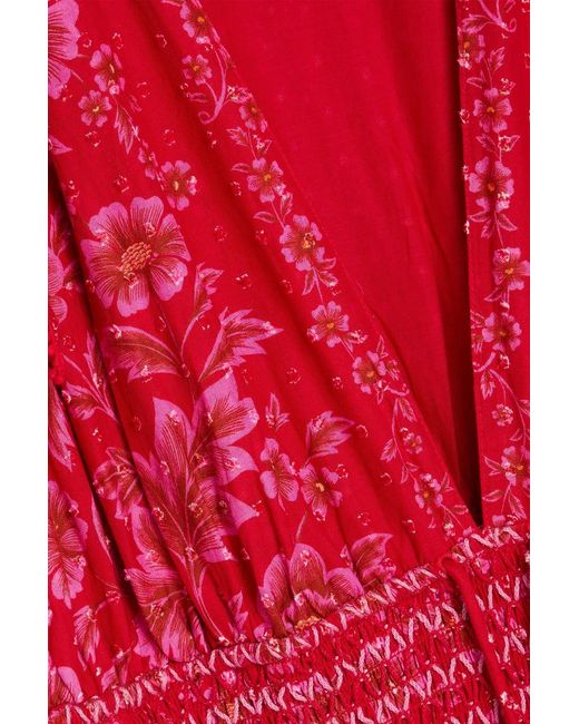 Farm Rio Red Olivia Embellished Floral-Print Swiss-Dot Cotton Maxi Dress