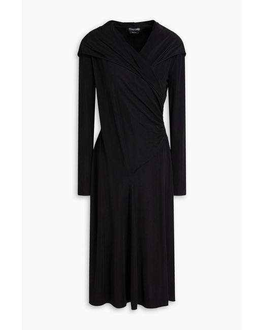 Tom Ford Black Wrap-effect Ribbed Jersey Hooded Midi Dress