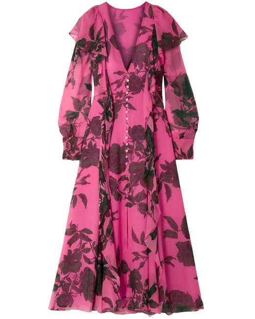 Carolina Herrera Ruffled Floral-print Silk-chiffon Midi Dress Pink