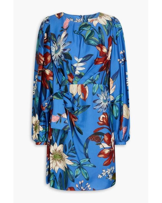 Farm Rio Blue Wrap-effect Floral-print Twill Mini Dress
