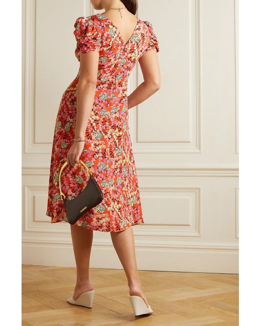 Saloni Red Margot Button-embellished Printed Crepe De Chine Midi Dress