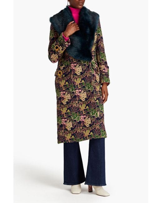 Zimmermann Blue Faux Fur-trimmed Double-breasted Jacquard Coat