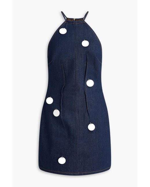 David Koma Blue Embellished Denim Halterneck Mini Dress