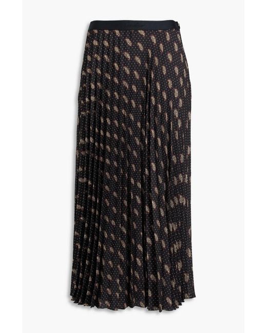 Sandro Black Pleated Paisley-Print Satin-Twill Midi Skirt