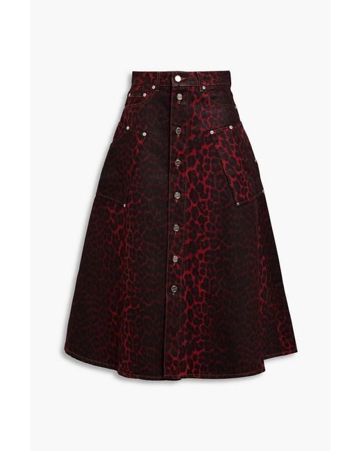 Ganni Red Leopard-Print Denim Midi Skirt
