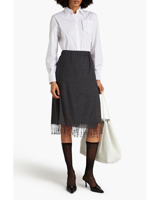 Brunello Cucinelli Black Fringed Wrap-effect Mélange Wool Midi Skirt