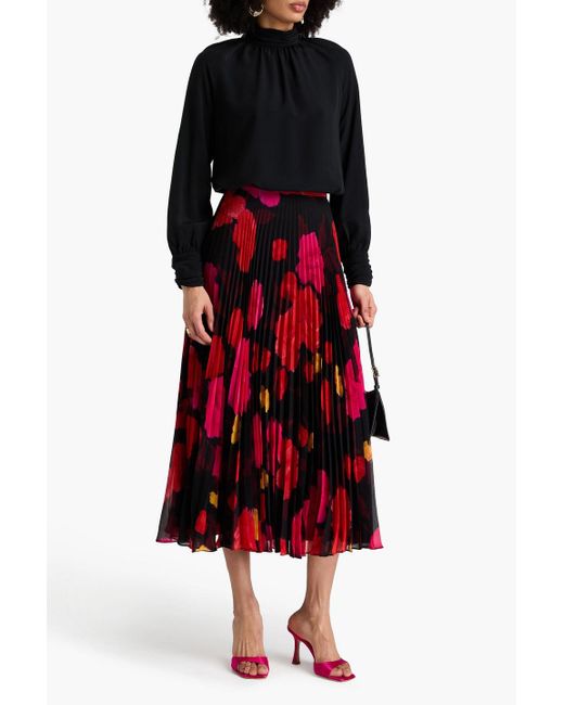 Erdem Red Pleated Floral-Print Georgette Midi Skirt