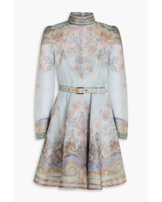 Zimmermann Gray Belted Paisley-print Linen And Silk-blend Organza Mini Dress
