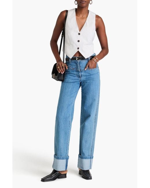 Brunello Cucinelli White Cropped weste aus einer leinenmischung mit nadelstreifen und zierperlen