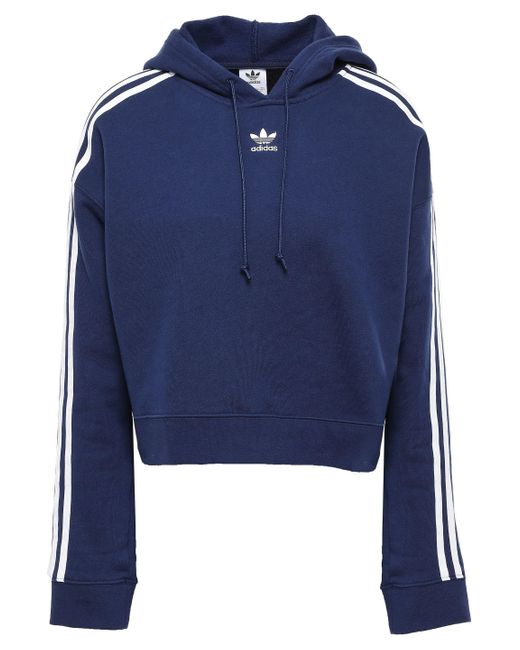 Adidas Originals Blue Cropped Striped French Cotton-terry Hooded Sweatshirt Navy