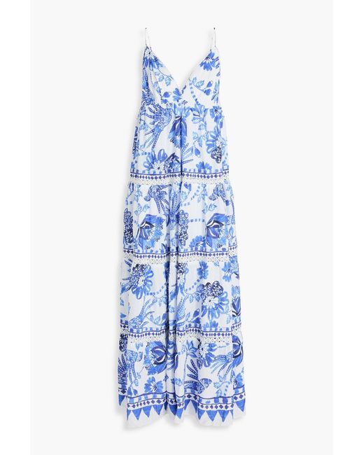 Farm Rio Blue Crochet-Trimmed Printed Swiss-Dot Cotton Maxi Dress