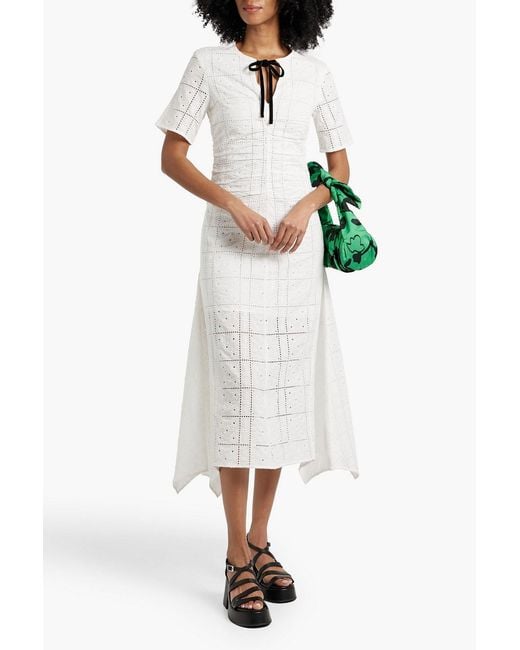Ganni White Broderie Anglaise Cotton Midi Dress