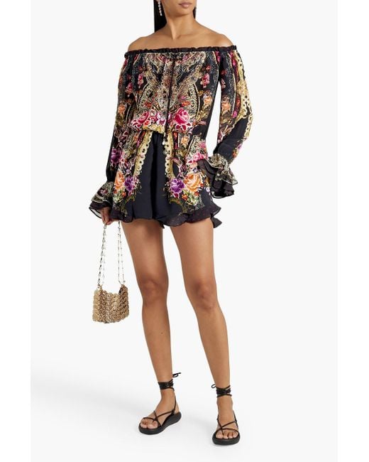 Camilla Red Off-the-shoulder Embellished Printed Silk-chiffon Playsuit