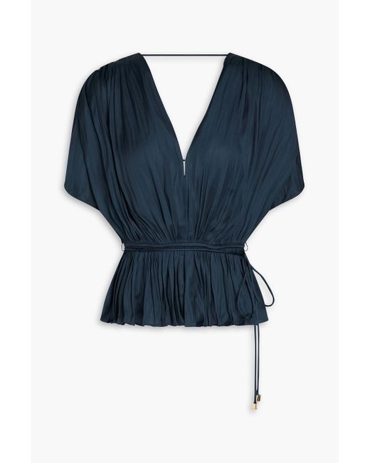 Maje Blue Pleated Satin Peplum Top