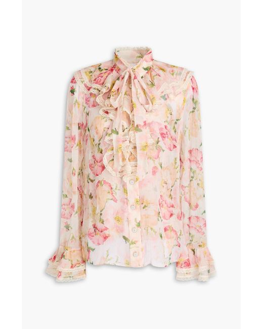 Zimmermann Pink Pussy-bow Ruffled Floral-print Silk-crepon Blouse