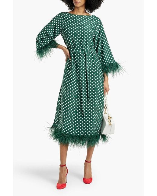 HVN Green Andrea Feather-trimmed Polka-dot Silk Midi Dress