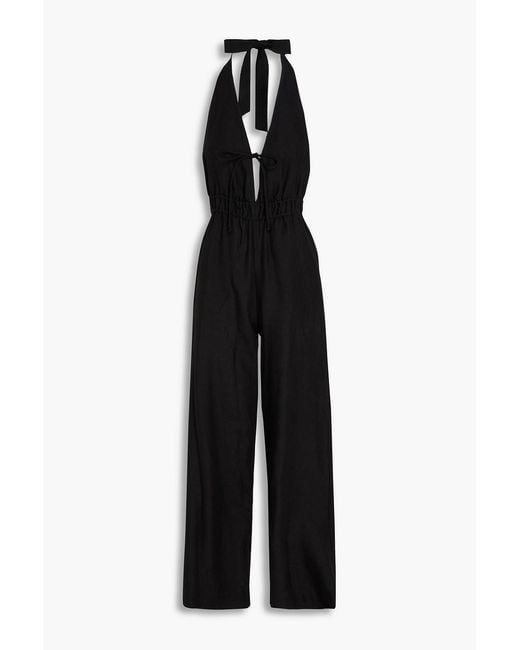 Casa Raki Black Iris Open-Back Linen Halterneck Wide-Leg Jumpsuit
