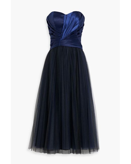 Zac Posen Blue Strapless Pleated Satin-paneled Tulle Gown