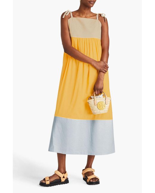 Tory Burch Yellow Gathered Color-block Cotton-mousseline Dress