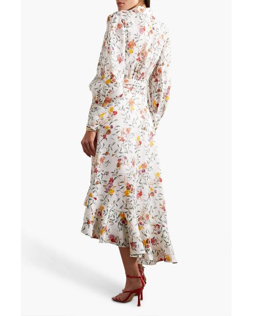 Zimmermann White Asymmetric Ruffled Floral-print Linen Midi Wrap Dress