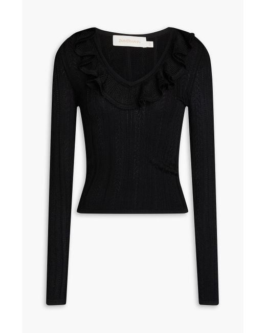 Zimmermann Black Ruffled Pointelle-knit Sweater